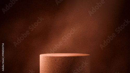 Moody close-up of deep brown pedestal top with atmospheric lighting. Rich earth tone stage, possibly stone or sandstone texture, on dark background. Ideal for coffee, chocolate, or autumn themes.
