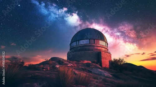 Observatory beneath Milky Way night sky