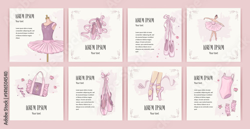 Hand drawn sketch ballet square banner, cover, greeting card set. Classical ballet studio flyer or social media post design template. Vector illustration of ballerina and ballet studio elements