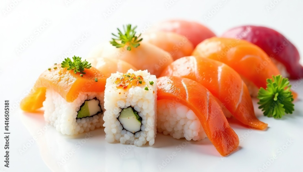 Assorted sushi, nigiri, maki on white background, elegant, fish, tasty Assorted sushi, nigiri, maki on white background, elegant, fish, tasty