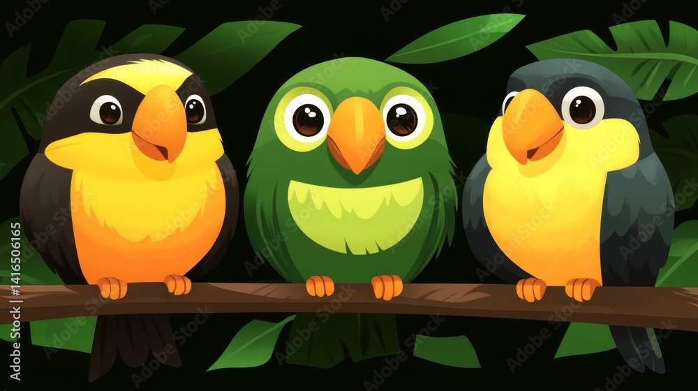 Fototapeta premium Pixelated aviary harmony three playful tropical birds perched branch vibrant feather patterns detailed plumage enchanting pixel art illustration