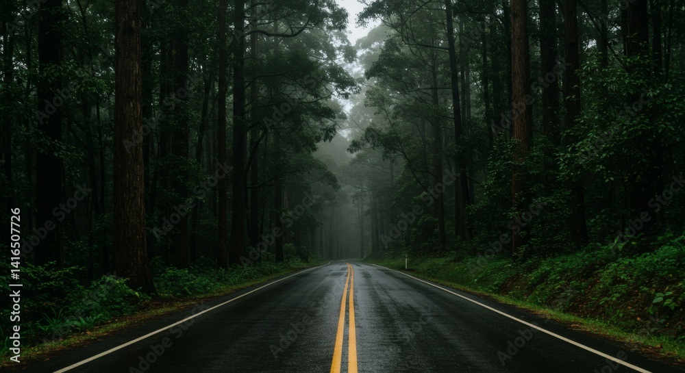 Fototapeta premium Driving Through a Dark, Wet Forest Road with Fog and Trees