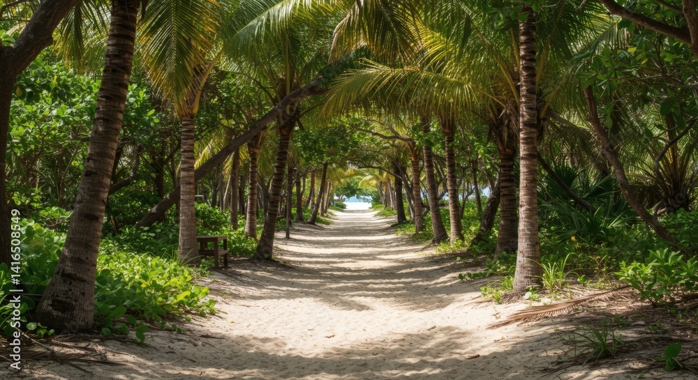 Walking the Tropical Sandy Path Lined with Palm Trees to the Ocean Walking the Tropical Sandy Path Lined with Palm Trees to the Ocean