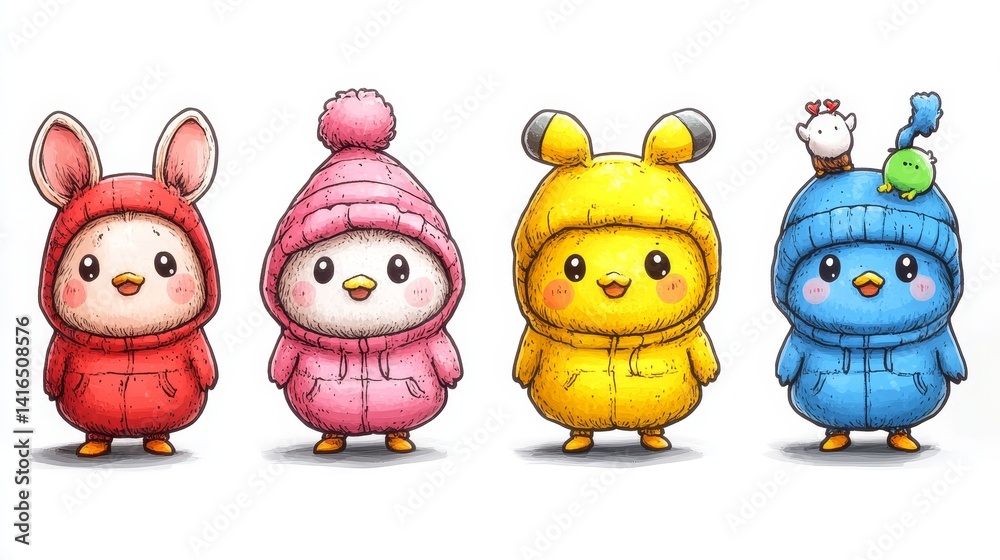 Fototapeta premium Charming watercolor avatars featuring vibrant animals in cute winter hoodies perfect for profile pictures or seasonal greetings and creative project