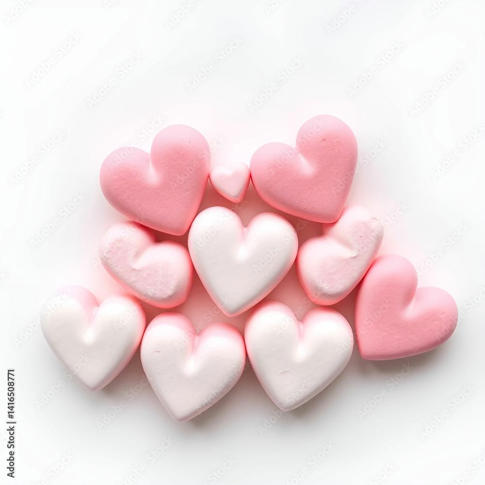 Fototapeta premium Close up of heart shape marshmallows over white background