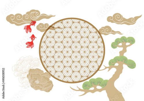 Japanese background with geometric pattern with trdiotnal icon vector. Bonsai tree, koi fish, cloud and peony flower element