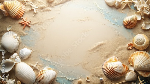Nestled on the warm sand, the seashells frame holds a precious photograph, like a keepsake from a day by the sea.