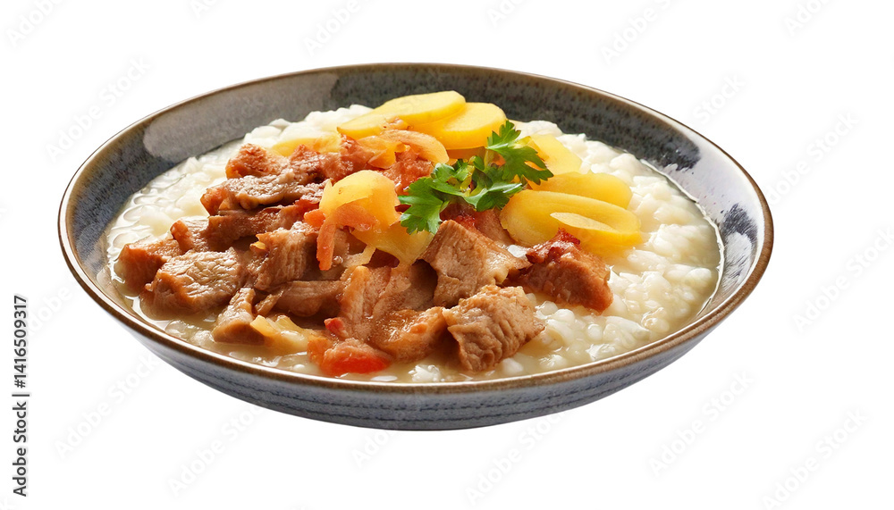 Rice Porridge with Ginger and Meat Isolated on solid white Background Rice Porridge with Ginger and Meat Isolated on solid white Background