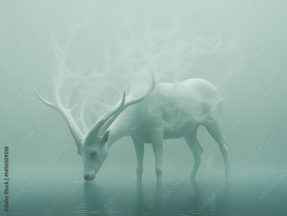 Obraz premium Mystical Deer Drinking Water in Foggy Surreal Environment
