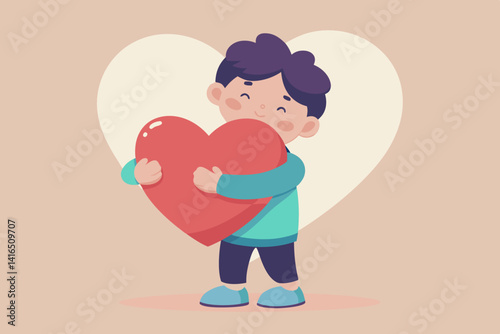 A child hugging a big plush heart, soft background, minimalism, symbol of care and children's love