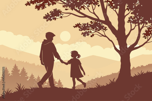 Brother and sister holding hands against sunset, silhouettes, tender scene, feeling of closeness and childish carelessness