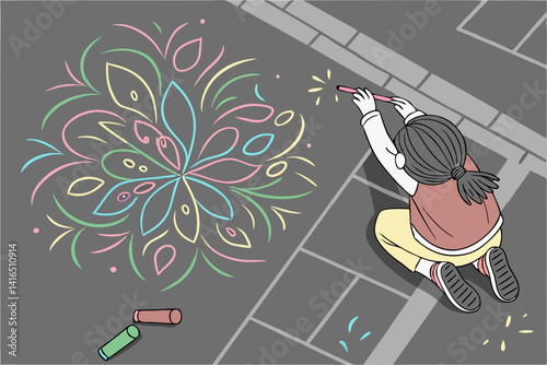 Girl drawing with chalk on asphalt, top view: color explosion on gray background, hands in paint, hair disheveled