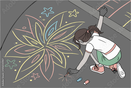 Girl drawing with chalk on asphalt, top view: color explosion on gray background, hands in paint, hair disheveled