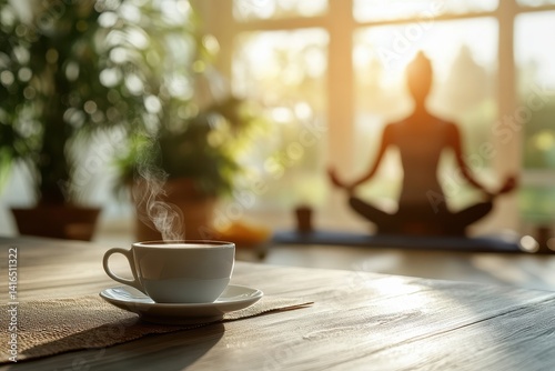 Steaming coffee, yoga silhouette, and sunlight create a peaceful scene. Ideal for illustrating healthy habits, relaxation, and mindful mornings.
