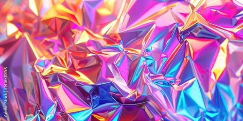 Isolated in white background,3d render, abstract pink blue gold polygonal faceted background, crystal structure, crumpled holographic metallic foil texture, iridescent crystallized wallpaper