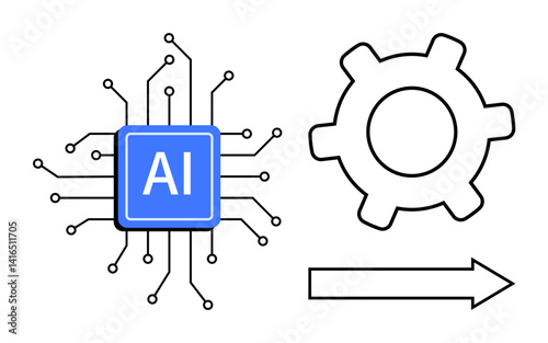 AI microchip with connected lines next to a gear and arrow representing automation, innovation, and technological advancement. Ideal for AI systems, automation, technology, innovation, workflow