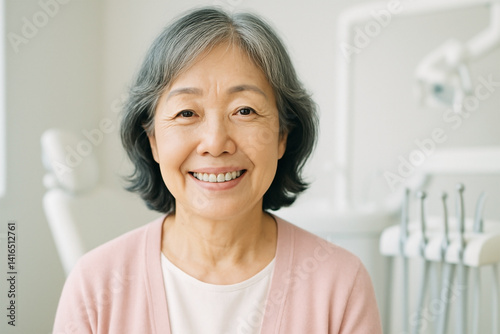 歯科医院で笑顔を見せる矯正中の日本人高齢女性 photo