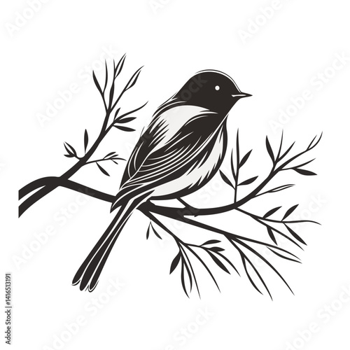 Small Songbird Perched On Leafy Branch