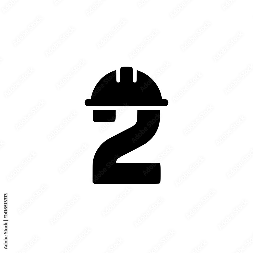 Fototapeta premium Number 2 with Construction Worker Helmet Design, Stylized black number 2 featuring a construction hard hat, combining bold numeric design with themes of labor and industrial safety.