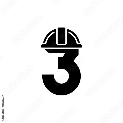 Number 3 with Construction Helmet Illustration, Creative black number 3 topped with a construction hard hat, representing safety, labor, and industrial themes in numeric design.


