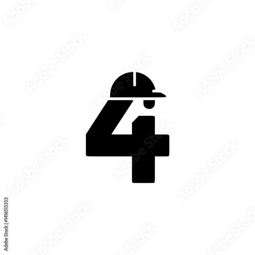 Number 4 with Construction Worker Hard Hat Design, Bold black number 4 featuring a construction helmet, blending strong numeric form with industrial safety and labor symbolism.

