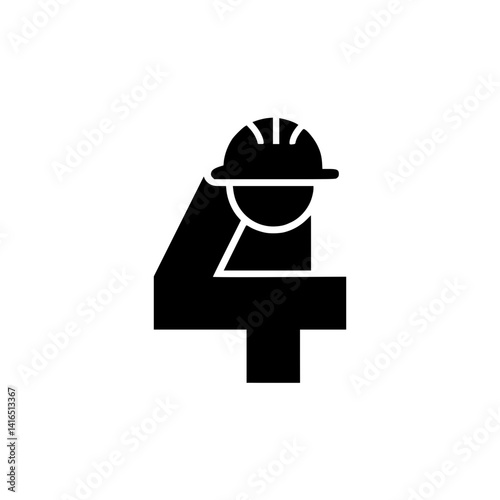 Number 4 with Construction Worker Hard Hat Design, Bold black number 4 featuring a construction helmet, blending strong numeric form with industrial safety and labor symbolism.

