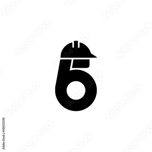 Number 6 with Construction Worker Helmet Design, Creative black number 6 featuring a construction hard hat, merging bold numeric design with themes of labor, safety, and industry.

