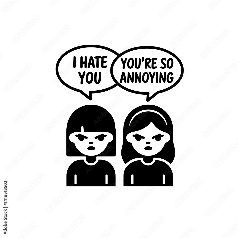 Two girls or ladies arguing or debating vector icon in black color with white background. Two women confrontation. Two girls or ladies arguing or debating vector icon in black color with white background. Two women confrontation.
