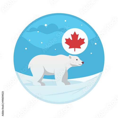Polar bear with maple leaf in snowy landscape