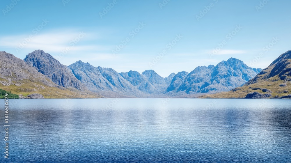 Obraz premium Serene mountain lake landscape. Vast, tranquil lake reflecting a range of rugged mountains under a clear, bright sky