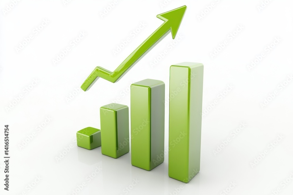 Green 3D Bar Chart with Zigzag Upward Arrow on White Background. Conceptual Image Representing Business Growth, Financial Success, Profit Increase, and Market Performance. Green 3D Bar Chart with Zigzag Upward Arrow on White Background. Conceptual Image Representing Business Growth, Financial Success, Profit Increase, and Market Performance.