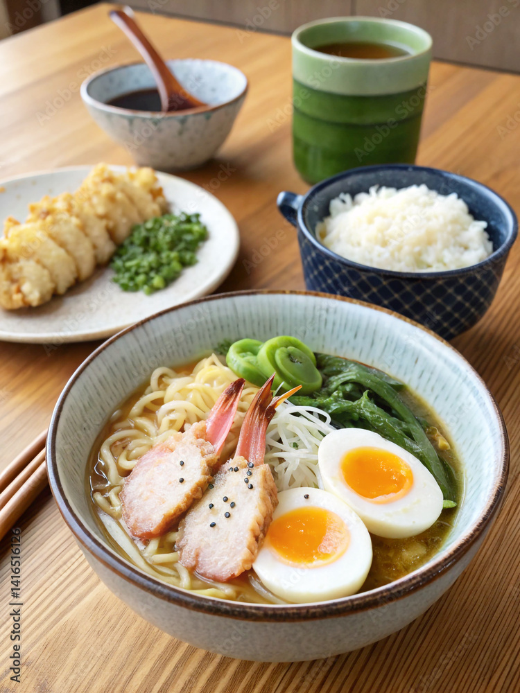 Ramen with shrimp and eggs. Ramen with shrimp and eggs.