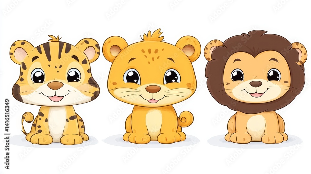 Naklejka premium Delightful trio of baby jungle animals featuring a cute tiger cub a playful lion cub and an adorable yellow cat isolated on white