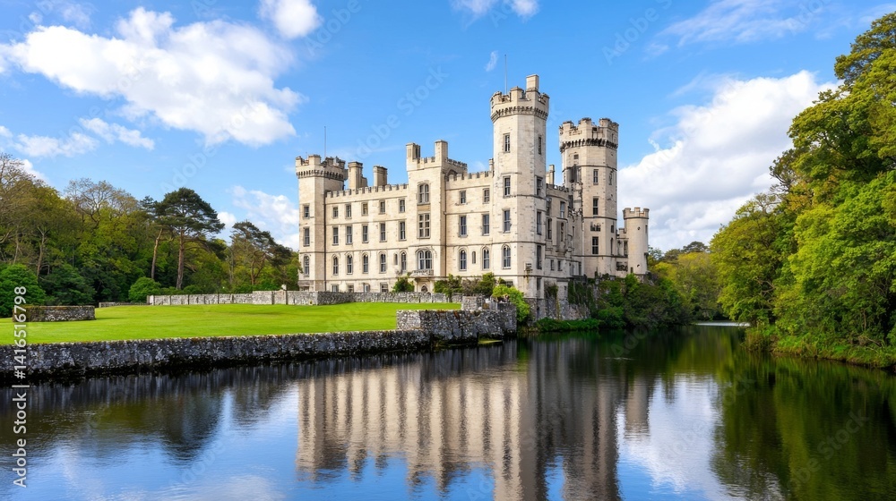 Majestic castle overlooking a tranquil body of water surrounded by lush greenery under a bright blue sky Majestic castle overlooking a tranquil body of water surrounded by lush greenery under a bright blue sky