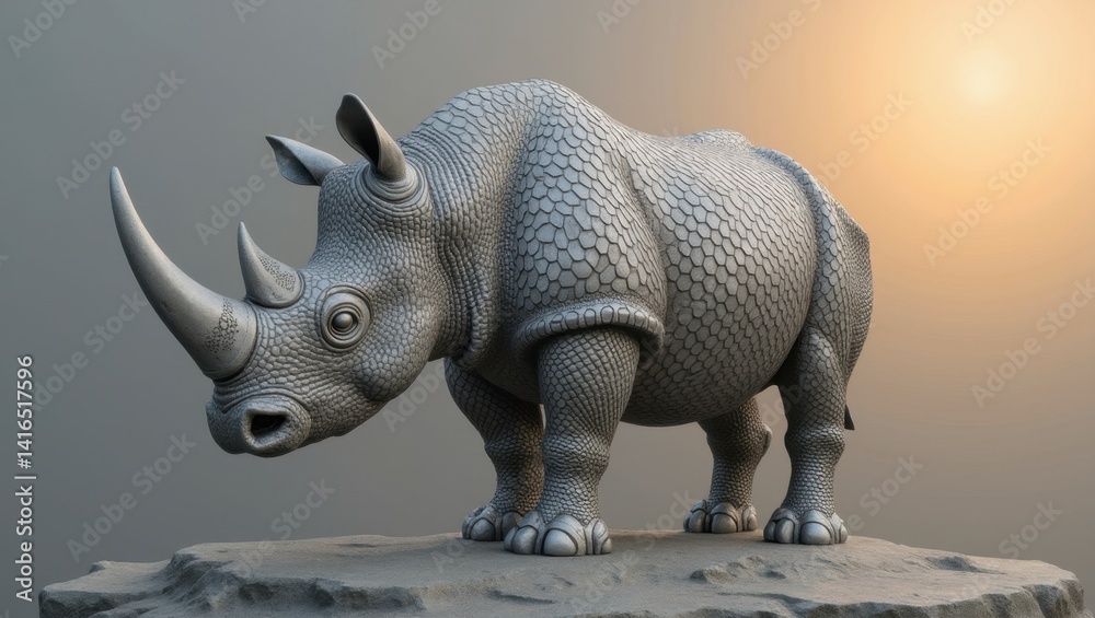 Fototapeta premium Stylized rhinoceros sculpture marching forward in golden light textured art