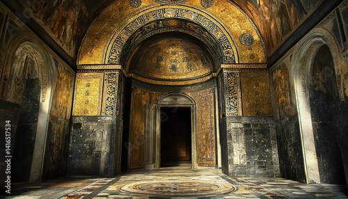 Ancient hallway with ornate gold mosaics and arches exuding a historical atmosphere, Generative AI
