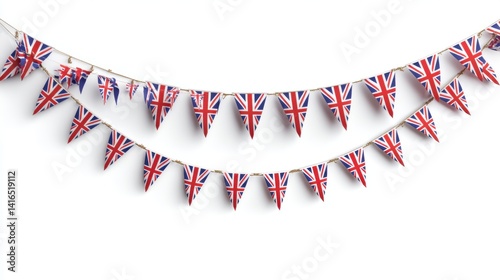 Union Jack Bunting: Festive Miniature Flags Strung on Natural Twine, Isolated on White.