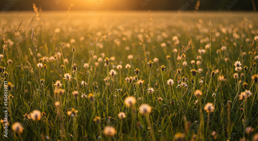 Naklejka premium A field of wildflowers glows in the warm light of the sunset, creating a peaceful scene.