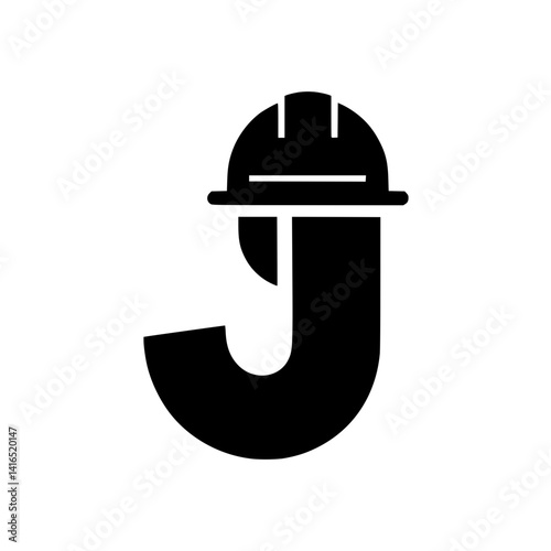 Letter J with Construction Hard Hat Illustration, Stylized black letter J featuring a construction worker's hard hat, blending industrial themes with creative letterform design.

