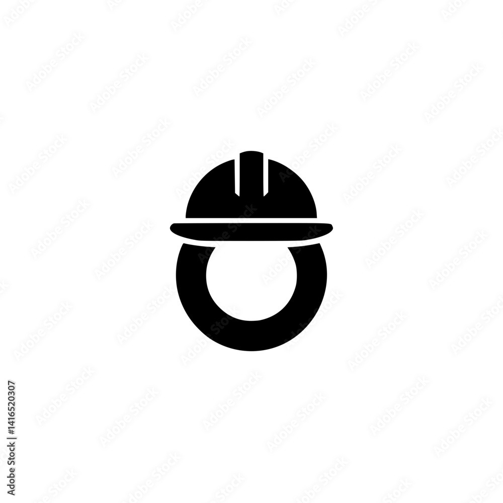 Fototapeta premium Letter O with Construction Helmet Illustration, Bold black letter O designed with a construction hard hat, representing safety, labor, and industrial work through creative typography.