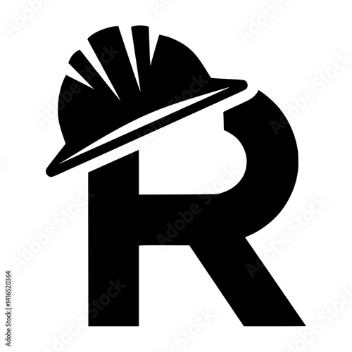 Letter R with Construction Worker Helmet Design, Bold black letter R illustrated with a construction hard hat, symbolizing safety, engineering, and industrial labor in a creative style.

