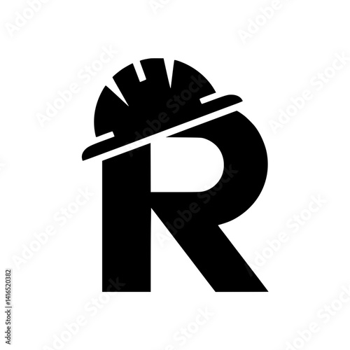Letter R with Construction Worker Helmet Design, Bold black letter R illustrated with a construction hard hat, symbolizing safety, engineering, and industrial labor in a creative style.

