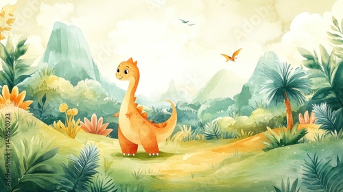 Obraz na płótnie Cute dinosaur in a lush prehistoric landscape (3) w salonie