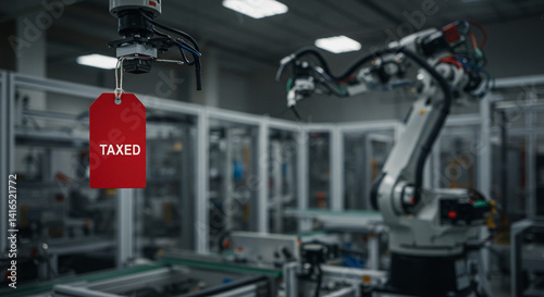 An industrial robot arm holding a red tag with the word 