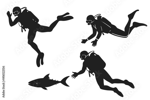 set of Scuba Diving vector silhouette illustration isolated on white background