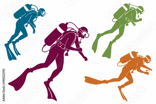 set of Scuba Diving vector silhouette illustration isolated on white background