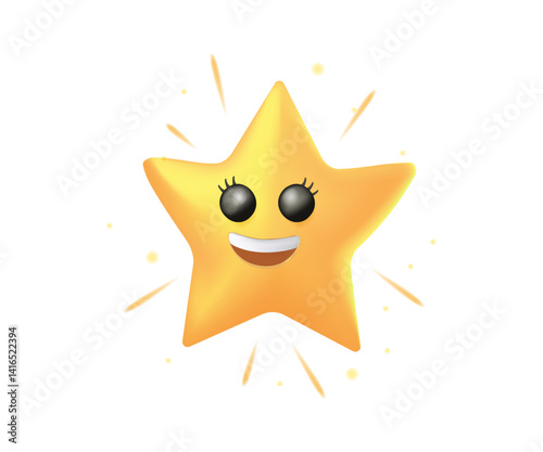 Twinkle littele star 3D illustration. Star vector icon. Cartoon cute star, funny emoji, kawaii twinkle character. Golden Stars isolated on white background. User rating symbol, star isolated vector