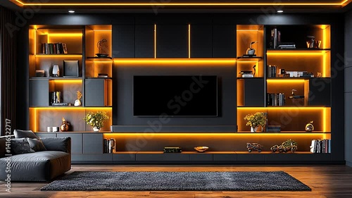 Wallpaper Mural Modern living room setup with black wall unit, TV, and warm lighting Torontodigital.ca