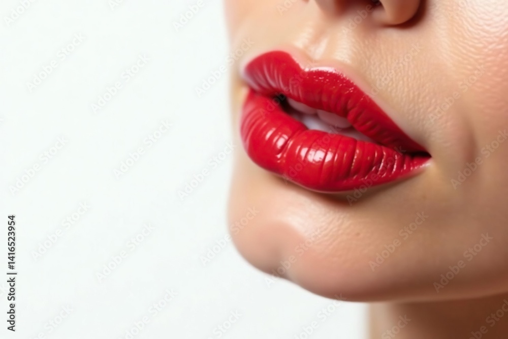 Fototapeta premium Close-up of vibrant red lipstick on pure white backdrop, matte, cosmetic, glossy