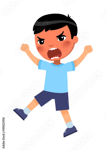 Little Asian boy with strong anger expression, waving his arms angrily. Clenched fists and wide open mouth expressing rage.
Cartoon character illustration